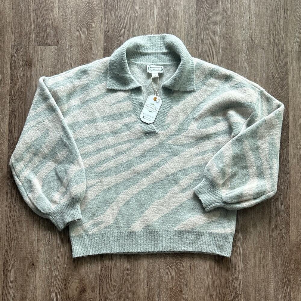 NWT Loveriche Loose Fit Collar Striped Knit Pullover Sweater Cream Green Small‎